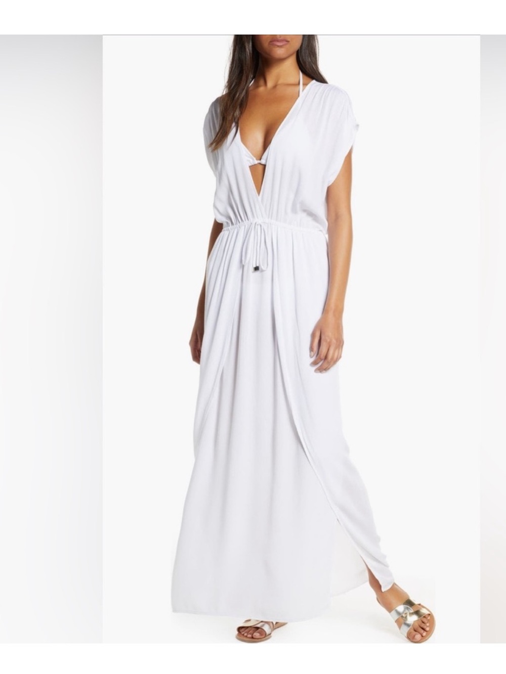 Elan White Deep V Maxi Swim Cover-Up with Drawstring Waist
